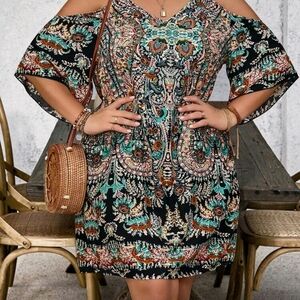 Bohemian Black and Green Cold Shoulder Dress